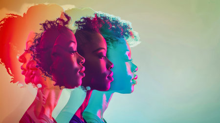 A group of women from various cultures standing together in front of a vibrant and colorful backdrop.の素材