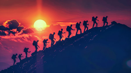 A diverse group of individuals actively climbing up the rugged side of a majestic mountain, conquering challenges with determination and teamwork.の素材