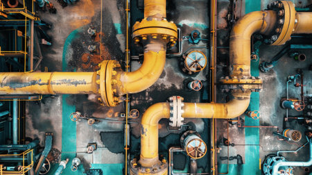 A detailed view of metal pipes and valves interconnected in a complex system, showing the industrial setting of a factory.の素材