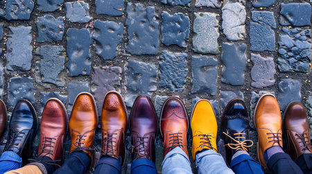 A diverse group of people in business shoes standing next to each other, showing unity and togetherness in a harmonious way.の素材