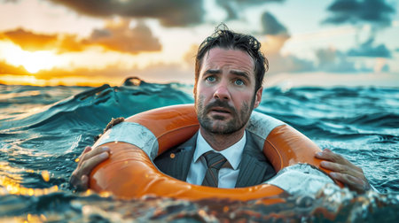 A businessman in a suit floats in the ocean, clutching a life preserver, symbolizing hope and survival.の素材