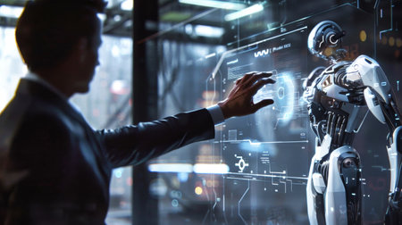 A man stands next to a robot in a room, engaging in conversation or observation.の素材