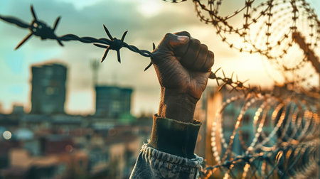 A hand gripping a barbwire fence with a cityscape in the background, symbolizing a protest or struggle for freedom and change.の素材
