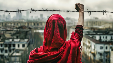 A woman in a vibrant red shawl stands with a raised fist behind a menacing barbed wire fence, symbolizing resistance and defiance.の素材