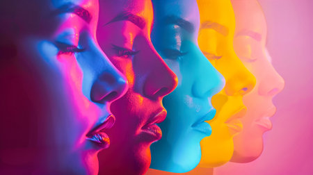 A vibrant group of individuals with faces in various hues, symbolizing diversity and unity among different races and cultures.の素材