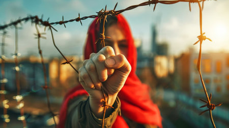 A woman clad in a vibrant red scarf raises her hand in protest behind a barbed wire fence.の素材