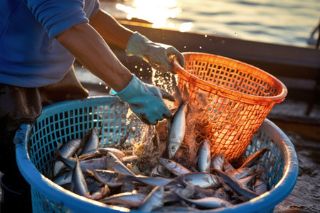 A person in a blue shirt and white gloves holds a basket of freshly caught fish.の素材