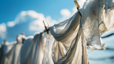 Colorful garments sway in the breeze as they dry on a clothesline under the warm sun.の素材