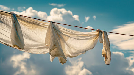 Clothes hanging on a clothesline with fluffy clouds in the background, swaying gently in the breeze.の素材