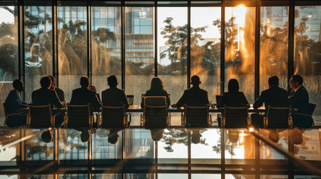A diverse group of professionals engaged in a lively discussion during a management meeting at a conference table in the office.の素材
