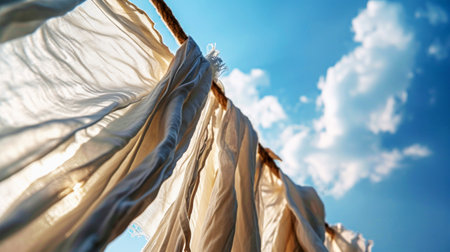 A group of crisp white cloths gently swaying on a clothesline, drying in the sun on a peaceful day.の素材