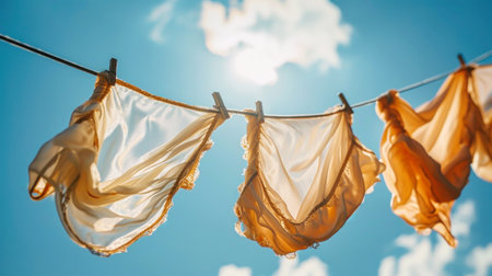 Clothes sway gracefully on a clothesline against the backdrop of the setting sun, drying in the warm evening light.の素材