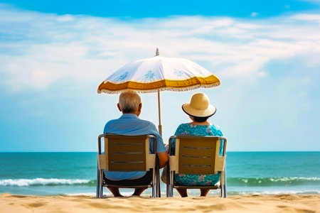 An elderly couple relaxes under an umbrella on a sandy beach, enjoying the peaceful atmosphere by the sea.の素材