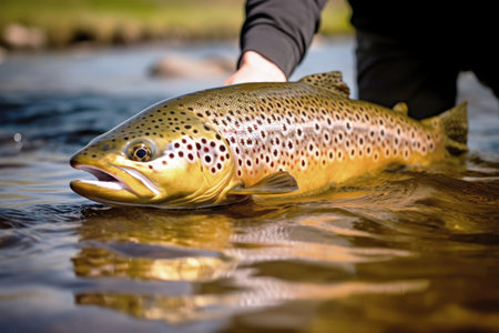 A man proudly holds a brown fish in the water, showing his successful catch of the day.の素材