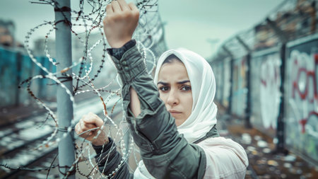 A woman in a hijab defiantly holds a sharp barbwire fence, symbolizing resistance and strength in the face of adversity.の素材