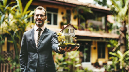 A stylish man in a suit delicately presents a small house resting on a plate in his hand, symbolizing real estate transactions and investments.の素材