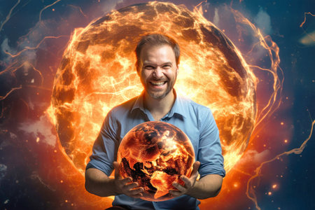 A man mesmerizingly holds a ball of fire in his hands, showcasing his immense power while hacking a computer network against a fiery backdrop.の素材