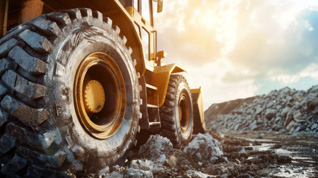 A massive truck with formidable wheels drives through a challenging rocky road on a construction site.の素材