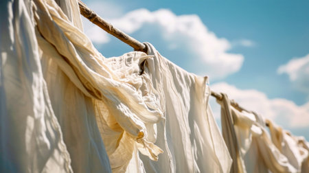 Colorful clothes and linens elegantly swaying in the breeze on a clothesline, creating a mesmerizing visual display.の素材