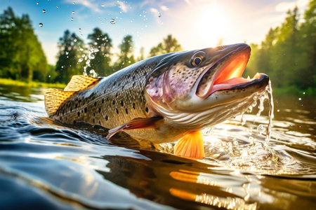 A majestic large fish jumps out of the water, showing its power and agility in a dazzling display of nature.の素材