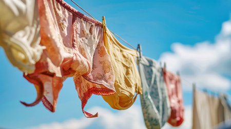 Colorful lines gently sway on a clothes line in the breeze, creating a beautiful and serene scene.の素材