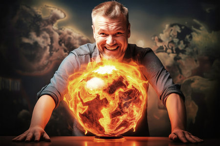 A man holds a glowing ball of fire in front of his face. Flames illuminate his determined expression as he hacks through a computer network.の素材