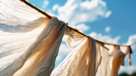 Close-up of a cloth swaying gently on a clothesline under the sun.の素材