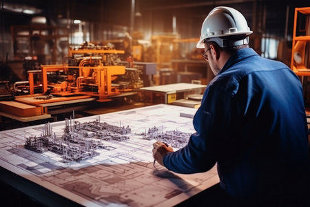 A man in a hard hat carefully studies a blueprint at a metallurgical plant, overseeing the intricate design of a steel structure.の素材