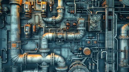 A complex system of large industrial pipes interconnects through a series of valves and fittings, showing the mechanical beauty of an industrial operation.の素材
