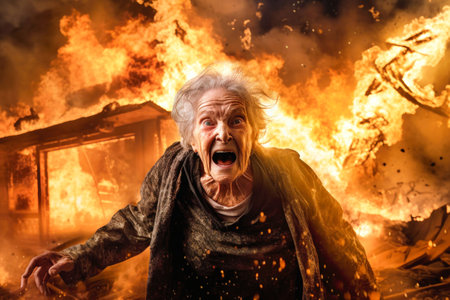 An elderly man stands in front of a roaring fire, mouth open in awe, amidst the chaos of a burning structure behind him.の素材