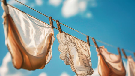Colorful clothes hanging on a clothesline against a backdrop of fluffy clouds in the sky.の素材