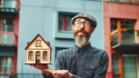 A real estate agent proudly presents a model house, symbolizing opportunities for mortgage, rent, and sale in the real estate market.の素材