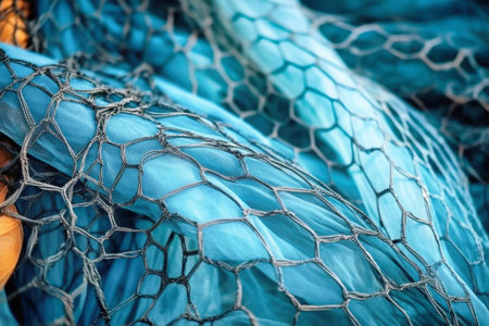 Close-up of vibrant oranges nestled in a delicate blue net, creating a striking contrast of colors and textures.の素材