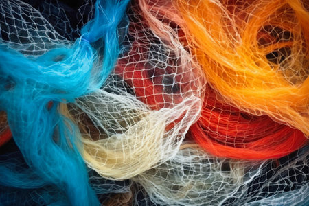 A vibrant, rainbow-colored mesh bag up close, showing its intricate weaving and bright hues.の素材