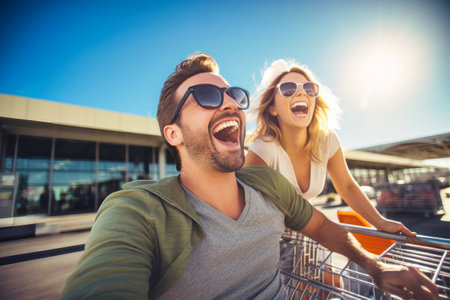 A man and a woman joyfully ride on the back of a shopping cart through a whimsical journey, holding onto their baggage and suitcase.の素材