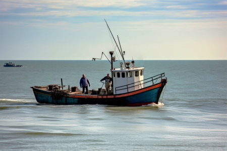 A lone man stands confidently on a small boat as it sails through the vast, tranquil ocean on a sunny day.の素材