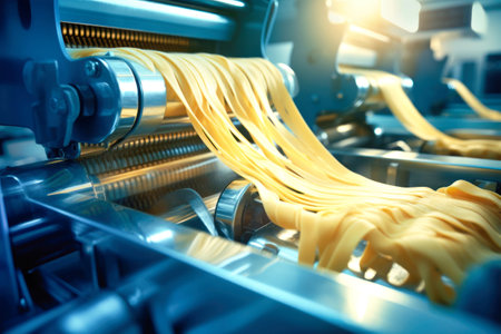 A close-up of a pasta machine in a factory, kneading and shaping dough into delicious pasta strands with precision.の素材