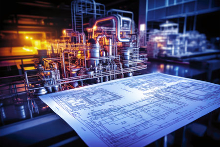 A detailed drawing of a factory in the steel industry, showing intricate pipes and valves in operation.の素材