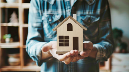 A man carefully holds a miniature wooden house in his hands, symbolizing the concepts of real estate, mortgage, and the sale and rental of homes.の素材