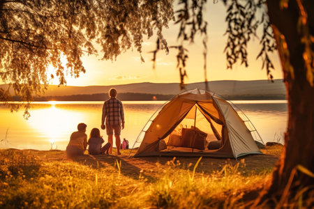 A diverse group of people relax around a tent, enjoying the peaceful atmosphere next to a tranquil body of water on a sunny day.の素材