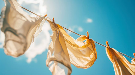 Clothes, linen, and laundry sway gracefully on a clothesline against a vivid blue sky, creating a scene of colorful movement and freshness.の素材