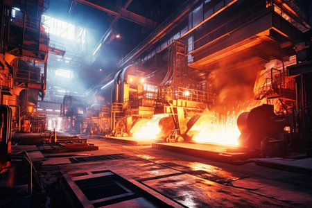 A bustling factory buzzing with activity, filled with stacks of steel beams, machinery in motion, and workers in hard hats.の素材