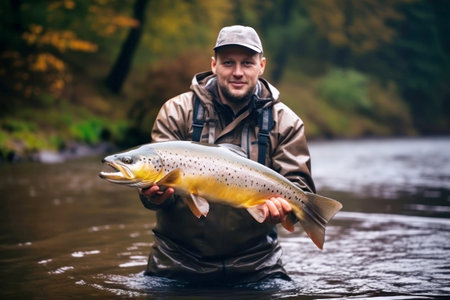 A man stands in a river, proudly holding up a fish he has just caught.の素材