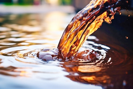 A close-up of a hand gripping a water hose, water gushing out, highlighting the importance of ecology and water conservation.の素材