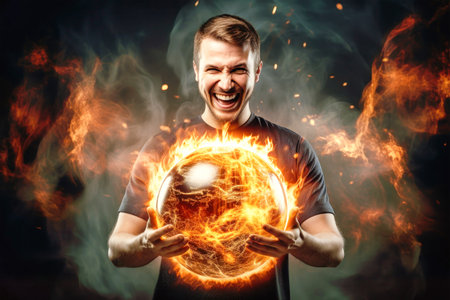 A skilled hacker orchestrates his craft, holding a ball of energy in his hands amidst a fiery backdrop.の素材