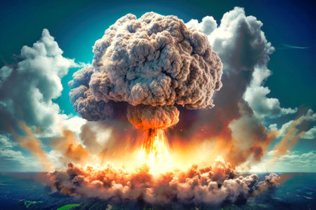 A large cloud of smoke billowing out from the ocean, creating a striking and mysterious sight against the backdrop of the water. Big Bang. War.の素材