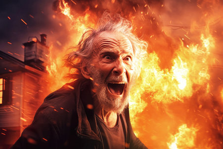 An elderly man passionately screams in front of a blazing fire, a symbol of destruction and chaos from war.の素材