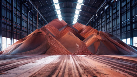 A massive mound of vibrant red sand dominates the warehouse, showing the mining and processing of potash fertilizers.の素材