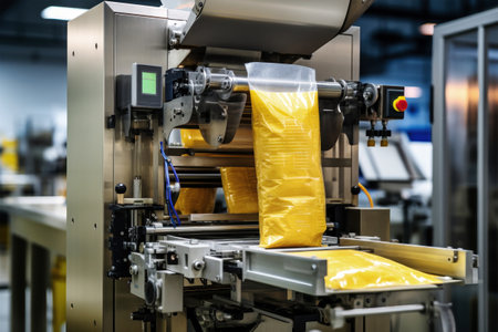 A state-of-the-art machine gracefully fills a bag with freshly made pasta at a bustling pasta factory.の素材