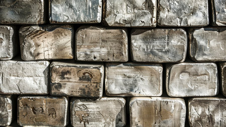 A towering stack of gleaming silver bars adorns a stark wall, each bar reflecting the light in a dazzling display of metallic brilliance.の素材